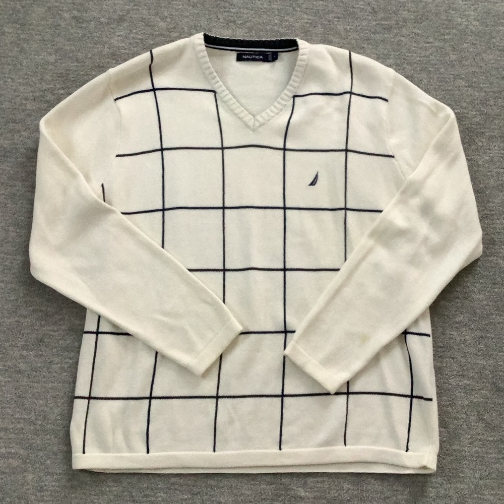 Nautica V-Neck Cotton Sweater in White with Gray Windowpane Check Sz. L